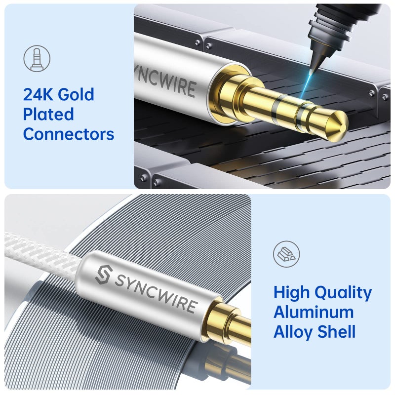 SYNCWIRE 3.5mm Nylon Braided Aux Cable (3.3ft/1m,Hi-Fi Sound), Audio Auxiliary Input Adapter Male to Male AUX Cord for Headphones, Car, Home Stereos, Speaker, iPhone, iPad, iPod, Echo & More â€“ Silver - Image 3
